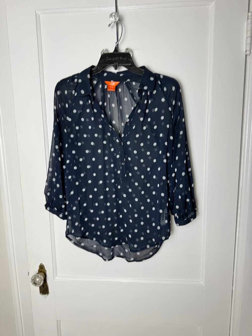 Joe Fresh Navy Blue Sheer Twee Preppy Polka Dot Blouse Women's XS